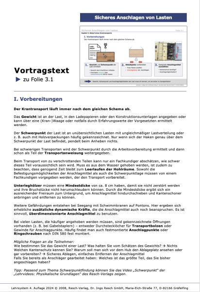 Lehrsystem für Sicheres Anschlagen von Lasten mit Vortragstexten | Resch-Verlag